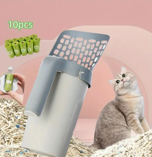 Cat Litter Scoop Set with Integrated Waste 10 pieces Bag Dispenser - مغرفة القمامة للقطط مع موزع أكياس النفايات المتكاملة مع ١٠ رولات اكياس