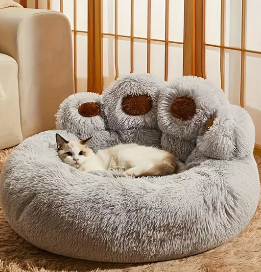 Luxury Plush Cat Bed with Cozy Bear Paw Design. سرير القط الفخم الفاخر مع تصميم مخلب الدب المريح