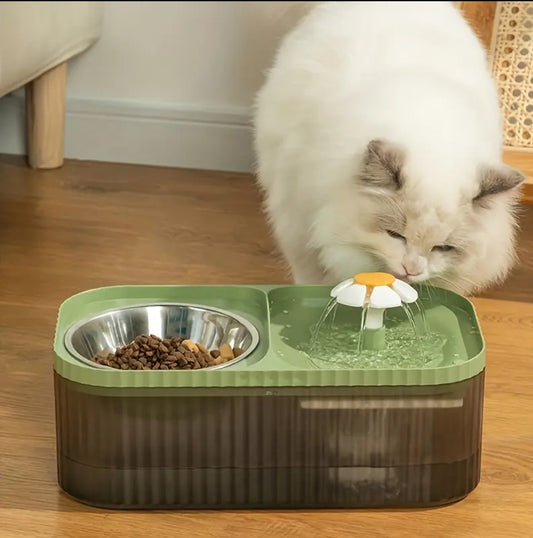 Famorial 2-in-1 Cat Water Fountain & Food Bowl - USB Powered, Non-Battery Needed, Ideal for Cats وعاء للاكل والشرب على شكل نافوره يشتغل بوصله usb