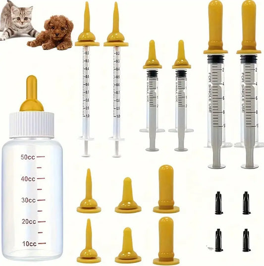 1 Set Pet Feeding Supplies Kit - 5ml Syringe, Pillbox, Teat Nipple Feeder for Dogs and Cats - (1 set - 18piece) ادوات غر الحيوانات الطقم (١٨ قطعه)مثل الموضح