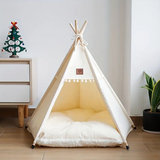 Linen Fabric Pet Teepee with Cushion خيمه مع سرير للكلاب والقطط