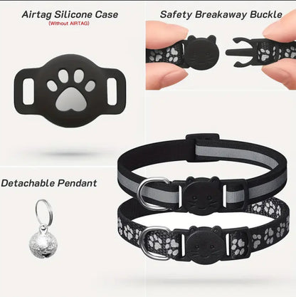 2pcs Reflective Cat Collar with GPS Device Holder ربطات عنق للقطط عدد (٢) حامله لجهاز تعقب اير تاق