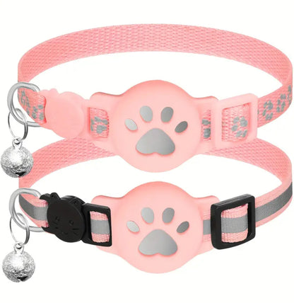 2pcs Reflective Cat Collar with GPS Device Holder ربطات عنق للقطط عدد (٢) حامله لجهاز تعقب اير تاق