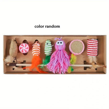 7 pcs Cat Teaser Rod Set: Fun, Cat Teaser Toys, For Your Kitten! Random colours ٧ قطع مع سناره العاب للقطط الوان مختلفه