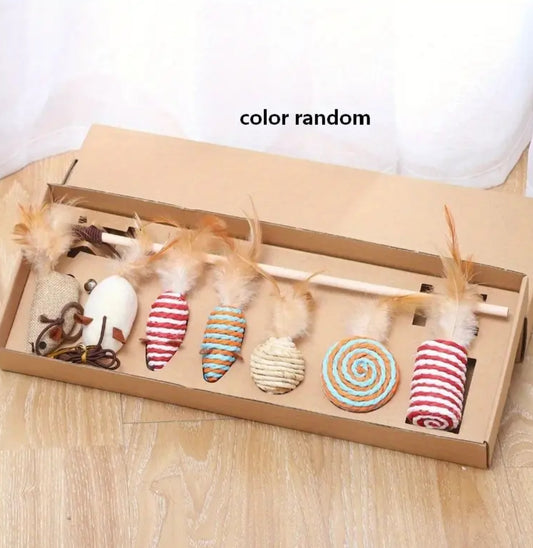 7 pcs Cat Teaser Rod Set: Fun, Cat Teaser Toys, For Your Kitten! Random colours ٧ قطع مع سناره العاب للقطط الوان مختلفه