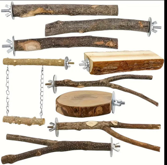 9-Piece Natural Wood Bird Toy Set for Parrots and Small Birds وقفات خشبيه للاقفاص سهله التثبيت ٩ قطع